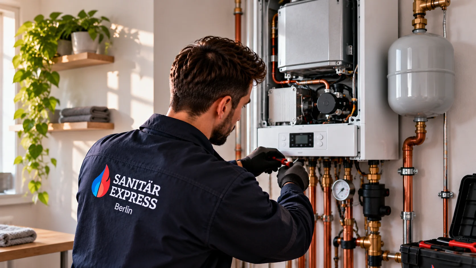 Monteur von Sanitär Express Berlin arbeitet an einer geöffneten wandhängenden Gastherme in einer Berliner Wohnung