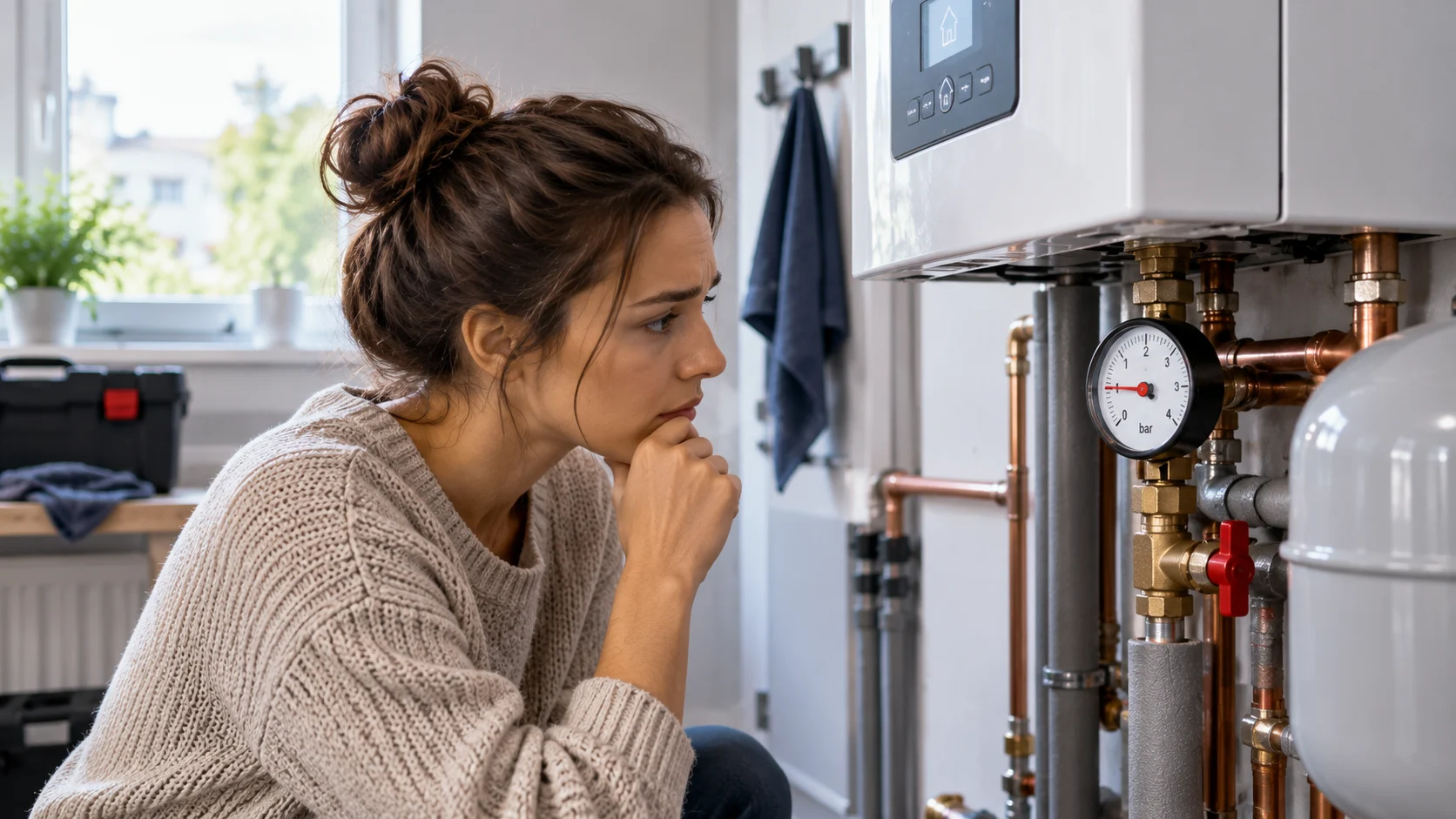 Bewohnerin prüft das Manometer ihrer Heizungsanlage, der Zeiger steht im unteren Bereich