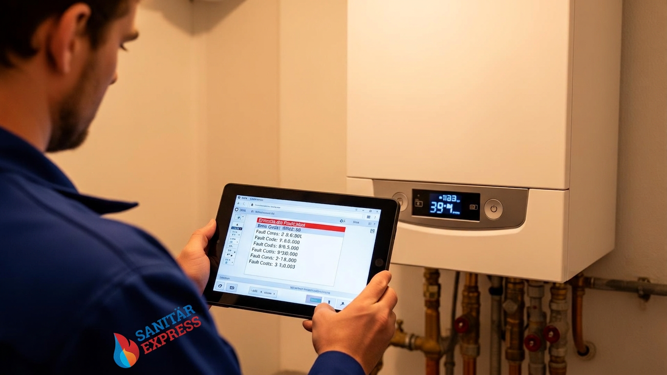 Berliner Heiztechniker liest Fehlercode einer Gas-Brennwerttherme per Diagnose-Tablet aus