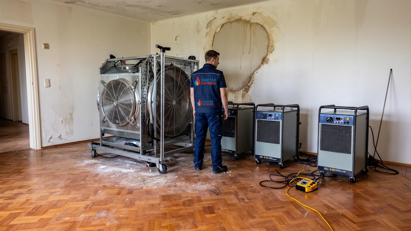 Bautrocknungsgeräte auf Holzboden nach Wasserschaden in Berliner Wohnung