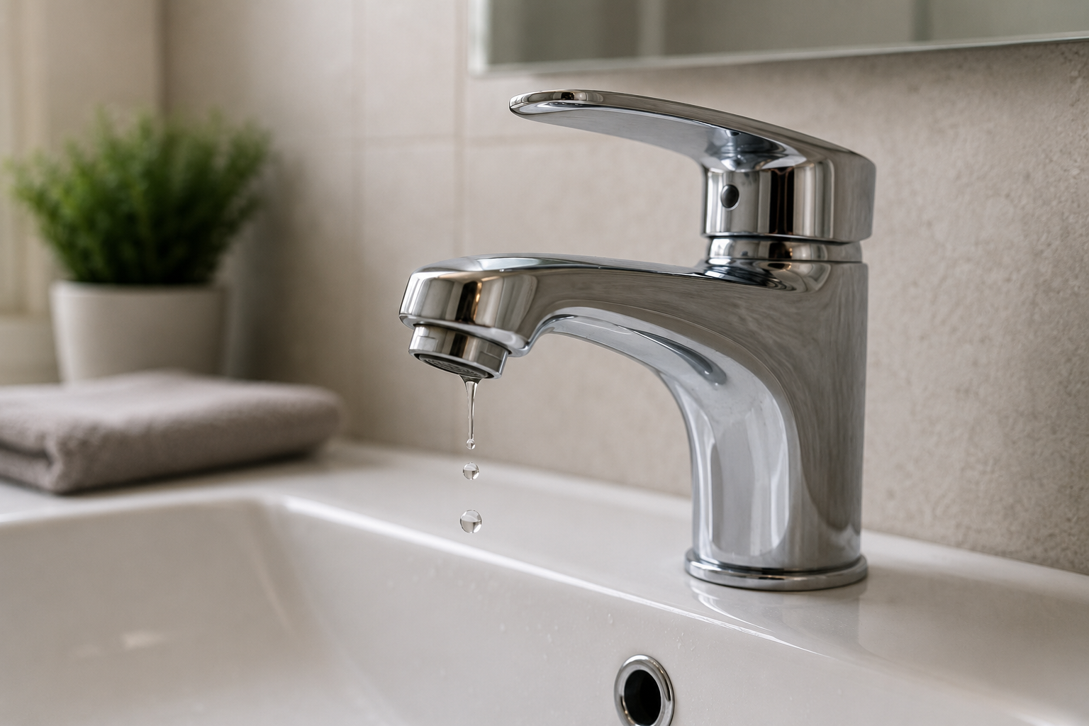 Nahaufnahme eines verchromten Wasserhahns über einem weißen Waschbecken, aus dessen Auslauf Wassertropfen fallen